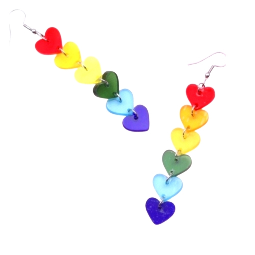 Hand Crafted Acrylic Heart Earrings Rainbow LGBTQIA Fish Hook